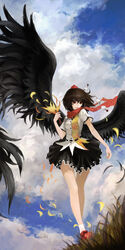  black_wings brown_hair cloud commentary_request day female fenrir_(buzhidaoshishuei) hat highres large_wings legs looking_away photoshop_(medium) red_eyes scarf shameimaru_aya short_hair skirt sky smile solo tokin_hat touhou wings 