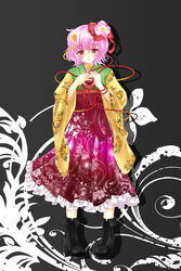  bad_id bad_pixiv_id boots cosplay eyeball female flower hair_ornament heart hieda_no_akyuu hieda_no_akyuu_(cosplay) highres japanese_clothes komeiji_satori lolita_fashion nekokotei purple_eyes purple_hair short_hair solo third_eye touhou wa_lolita 