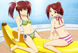  2girls absurdres banana_boat barefoot bikini blush breasts cleavage closed_mouth feet green_bikini highres kiss_x_sis looking_at_viewer multiple_girls navel nyantype on_banana open_mouth pink_bikini pool poolside satou_motoaki siblings side-tie_bikini_bottom small_breasts smile striped_bikini striped_clothes suminoe_ako suminoe_riko swimsuit teeth twintails water yellow_eyes 