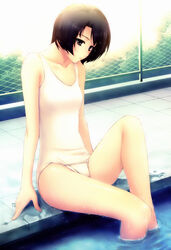  black_eyes black_hair bob_cut chain-link_fence day female fence highres innocent_grey kara_no_shoujo leg_up long_legs looking_down one-piece_swimsuit open_mouth outdoors parted_lips pool poolside school_swimsuit short_hair sitting soaking_feet solo sugina_miki swimsuit tokisaka_yukari water wet white_one-piece_swimsuit 