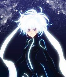  bad_id bad_pixiv_id bodysuit darker_than_black female glowing glowing_hair littlebird-idel neon_trim night night_sky purple_eyes sky solo star_(sky) starry_sky white_hair yin_(darker_than_black) 