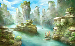  architecture bad_id bad_pixiv_id bird bridge coz_(commit) east_asian_architecture faux_traditional_media karst landscape mountain no_humans original outdoors photoshop_(medium) scenery ship water watercraft 