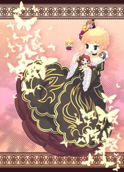  1boy 4girls beatrice_(umineko) blonde_hair brown_hair bug butterfly commentary_request crown dress frills highres multiple_girls red_hair sakutarou_(umineko) shannon_(umineko) skirt takamura_masaya umineko_no_naku_koro_ni ushiromiya_battler ushiromiya_jessica ushiromiya_maria 