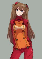  blue_eyes bodysuit bracer breasts brown_hair clothes_writing commentary_request contrapposto covered_navel cowboy_shot evangelion:_2.0_you_can_(not)_advance female gloves grey_background hair_ornament hairpods hands_on_own_hips head_tilt highres interface_headset light_smile long_hair looking_at_viewer multicolored_bodysuit multicolored_clothes neon_genesis_evangelion orange_bodysuit pilot_suit pinzu plugsuit rebuild_of_evangelion red_bodysuit see-through simple_background skinny small_breasts solo souryuu_asuka_langley standing test_plugsuit turtleneck very_long_hair 