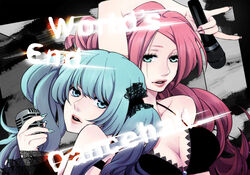  2girls \m/ aqua_eyes aqua_hair bad_id bad_pixiv_id breasts cleavage hatsune_miku large_breasts long_hair megurine_luka microphone multiple_girls photoshop_(medium) pink_hair sososo twintails vocaloid world&#039;s_end_dancehall_(vocaloid) 