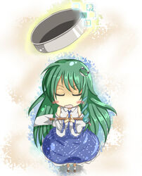  bahamun basin blush blush_stickers chibi closed_eyes commentary_request falling falling_basin female frog gohei green_hair hair_ornament kochiya_sanae long_hair open_mouth parody skirt snake solo tongue touhou very_long_hair washpan yoku_wakaru_gendai_mahou 