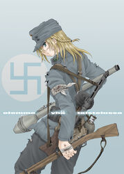  bandages bolt_action braid canteen commentary_request female finland finnish_army finnish_text gun hat may_(darkcore) military military_hat military_uniform mosin-nagant original panzerfaust rifle solo submachine_gun suomi_kp/-31 swastika translated uniform weapon world_war_ii 