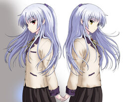  2girls angel_beats! blazer commentary_request dual_persona grey_hair hairband half_updo jacket long_hair multiple_girls red_eyes ribbon ru_pickman school_uniform skirt symmetry tachibana_kanade yellow_eyes 