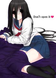  bad_id bad_pixiv_id black_hair blanket english_text female heart kneehighs komori_kiri long_hair momo_uzura red_eyes sayonara_zetsubou_sensei school_uniform serafuku socks solo 