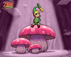  1boy :o arm_support belt black_eyes blonde_hair boots brown_belt brown_footwear copyright_name ezlo green_headwear green_tunic hat link logo male_focus mini_person miniboy mushroom nintendo official_art official_wallpaper on_mushroom open_mouth plant pointy_ears sensei_haruki_suetsugu shield shield_on_back short_hair sitting sitting_on_mushroom spotlight sword sword_on_back talking the_legend_of_zelda the_legend_of_zelda:_the_minish_cap toon_link tunic watermark weapon weapon_on_back 