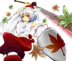  animal_ears bad_id bad_pixiv_id detached_sleeves female grey_hair hakama hakama_skirt hat inubashiri_momiji japanese_clothes leaf maple_leaf midriff red_eyes red_hakama rikkunia sarashi shield short_hair skirt solo sword tokin_hat touhou weapon wolf_ears 