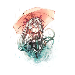  aqua_hair bad_id bad_pixiv_id commentary_request detached_sleeves dlei female from_above hair_ribbon hatsune_miku long_hair necktie rain ribbon ripples smile solo twintails umbrella very_long_hair vocaloid 