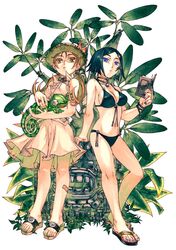  2girls arm_support bikini black_hair blue_eyes book breasts brown_eyes brown_hair chameleon cleavage commentary_request hat legs long_hair medium_breasts multiple_girls original sandals short_hair swimsuit yoshida_tooru 