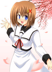  blue_eyes brown_hair cherry_blossoms commentary_request female hair_ornament highres lask lyrical_nanoha mahou_shoujo_lyrical_nanoha mahou_shoujo_lyrical_nanoha_a&#039;s school_uniform seishou_elementary_school_uniform short_hair solo waving x_hair_ornament yagami_hayate 