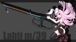  animal_ears anti-materiel_rifle black_thighhighs charm_(object) commentary_request female gun huge_weapon lahti_l-39 long_hair playboy_bunny purple_hair rabbit_ears red_eyes reisen_udongein_inaba rifle sniper_rifle solo squatting tama_(speedgrapher) thighhighs touhou weapon 