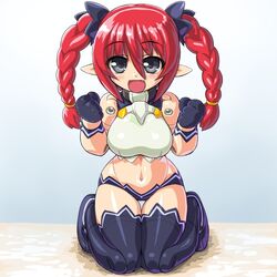  bad_id bad_pixiv_id black_eyes blush braid breasts busou_shinki dd_(ijigendd) doll_joints female joints kneeling large_breasts long_hair oerba_yun_fang pointy_ears red_hair solo thighhighs twin_braids vespelio 