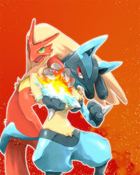  ayumu3 blaziken commentary_request fighting_stance fire furry lucario pokemon pokemon_(creature) standing teamwork 