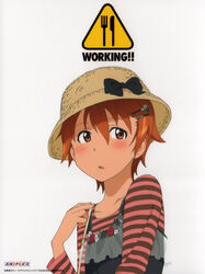  absurdres artist_request blush bow casual cloche_hat female flat_chest hair_ornament hairclip hairpin hat highres inami_mahiru official_art open_mouth orange_eyes orange_hair photoshop_(medium) scan short_hair solo striped working!! 