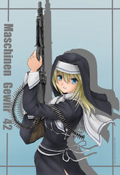  blonde_hair blue_eyes female german_text gun habit machine_gun may_(darkcore) mg42 nun original solo traditional_nun weapon 