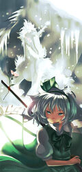  bow commentary_request female flower green_eyes grey_hair hair_ribbon hairband highres icicle inoi katana konpaku_youmu photoshop_(medium) ribbon short_hair solo sword touhou unicorn weapon 