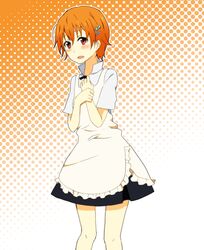  apron blush commentary_request female hair_ornament hairpin inami_mahiru michoko_(pixiv72203) orange_eyes orange_hair short_hair solo waitress working!! 