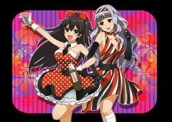  2girls bad_id bad_pixiv_id bare_shoulders black_hair blue_eyes bottle bow bracelet breasts choker cleavage dress earrings elbow_gloves ganaha_hibiki glass gloves grey_hair hairband hairbow idolmaster idolmaster_(classic) jewelry long_hair masaki_(celesta) medium_breasts multiple_girls polka_dot red_eyes scarf shijou_takane 