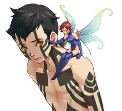  1boy blue_wings demi-fiend elbow_gloves female gloves kobashi pixie_(megami_tensei) pointy_ears shin_megami_tensei shin_megami_tensei_iii:_nocturne thighhighs wings 