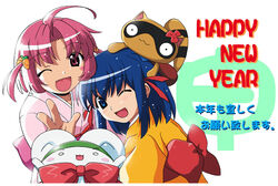  2girls blue_eyes blue_hair itou_katsunobu japanese_clothes kokubunji_koyori mugimaru multiple_girls nakahara_komugi nurse_witch_komugi-chan one_eye_closed photoshop_(medium) pink_eyes pink_hair posokichi 