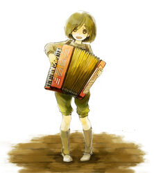  accordion bad_id bad_pixiv_id brown_hair brown_socks female instrument kneehighs name_(sh) open_mouth original short_hair smile socks solo standing 