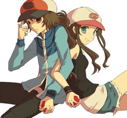  1boy bad_id bad_pixiv_id baseball_cap brown_hair denim female hat hilbert_(pokemon) hilda_(pokemon) holding holding_poke_ball locked_arms long_hair poke_ball poke_ball_(basic) pokemon pokemon_bw ponytail shorts smile ssscheme vest wristband 