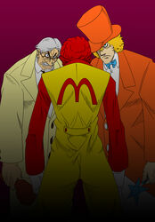  3boys alexander_anderson alucard_(hellsing) angry bow bowtie captain_(hellsing) chicken_(food) clenched_teeth clown colonel_sanders commentary_request dark facial_hair food formal from_behind glasses goatee green_eyes hair_over_one_eye hat hat_over_one_eye hellsing ikumo_taisuke jumpsuit kfc male_focus mcdonald&#039;s mos_burger moustache multiple_boys one_eye_covered parody red_hair ronald_mcdonald showdown simple_background standing string_tie suit teeth top_hat wand weapon white_hair 