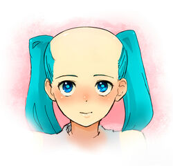  alternate_hairstyle bald bald_girl bald_spot blue_hair blush commentary_request female hatsune_miku parody simple_background solo tsukuru_(seki_sabato) twintails vocaloid 