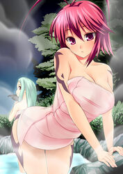  2girls amasora_taichi antenna_hair ass bad_id bad_pixiv_id bare_shoulders bent_over blush breasts chinkyuu cleavage commentary_request koihime_musou large_breasts looking_back multiple_girls naked_towel onsen pink_hair ryofu same-sex_bathing shared_bathing shin_koihime_musou shiny steam tattoo towel 