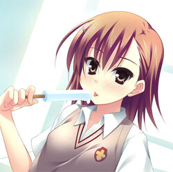  bad_id bad_pixiv_id brown_eyes brown_hair female food hitoguchi_(hioxhio) licking misaka_mikoto popsicle school_uniform short_hair solo summer_uniform sweater_vest toaru_kagaku_no_railgun toaru_majutsu_no_index tokiwadai_school_uniform 