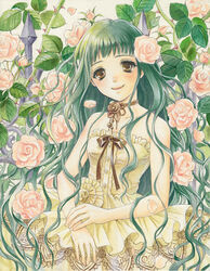  brown_eyes choker commentary_request dress female flower green_hair hair_flower hair_ornament long_hair original petals rose smile solo toyoda_izumi traditional_media 