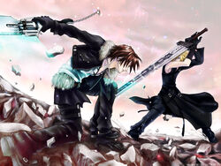  2boys alternate_costume battle belt blonde_hair blue_eyes brown_hair chains cloud_strife coat commentary_request dissidia_012_final_fantasy dissidia_final_fantasy duel fighting_stance final_fantasy final_fantasy_vii final_fantasy_vii_advent_children final_fantasy_viii first_ken gloves guernica gunblade jewelry kneeling male_focus multiple_boys necklace photoshop_(medium) shirt shoes squall_leonhart sword weapon 