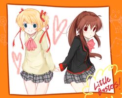  2girls bad_id bad_pixiv_id blonde_hair blue_eyes bow brown_hair kamikita_komari little_busters! long_hair multiple_girls natsu_(norari_kurari) natsume_rin pink_bow plaid plaid_skirt ponytail red_eyes school_uniform short_hair skirt 