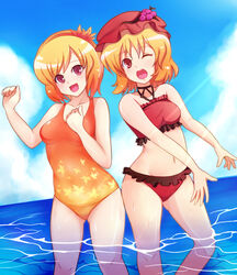  2girls aki_minoriko aki_shizuha bikini blonde_hair commentary_request curvy greave_(asterism) hair_ornament hairband hat leaf_hair_ornament multiple_girls one-piece_swimsuit one_eye_closed red_eyes siblings sisters swimsuit touhou wading water wet 