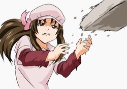  baseball baseball_base baseball_cap baseball_uniform brown_eyes brown_hair commentary_request female frown hat kaimuu_(fahrenheit724) ogasawara_akiko solo sportswear taishou_yakyuu_musume throwing 