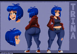  1girls 2017 ass_bigger_than_breasts big_ass blue_hair clothed female_only hi_res jeimorph non_nude old_art old_artwork sfw thick_thighs trina_(trina_biggs) trina_biggs 