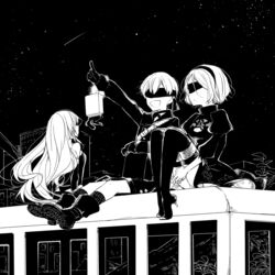  1boy 2b_(nier:automata) 2girls 9s_(nier:automata) a2_(nier:automata) black_background blindfold boots breasts building buttons choker cleavage cleavage_cutout clothing_cutout commentary_request covered_eyes dress feather-trimmed_sleeves gloves greyscale hair_between_eyes hami_(lvct) juliet_sleeves knees_up leaf long_hair long_sleeves mole mole_under_mouth monochrome multiple_girls nier:automata nier_(series) night night_sky on_vehicle open_mouth panties plant pod_(nier:automata) pointing pointing_up puffy_sleeves shooting_star short_hair shorts sitting sky small_breasts smile star_(sky) star_(symbol) stargazing starry_sky thigh_boots thighhighs underwear 