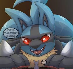  2018 absurd_res ambiguous/ambiguous ambiguous_gender ambiguous_pred anon anthro ass_up bent_over blue_body blue_fur bodily_fluids canid canine canis collaboration dialogue duo english_text extreme_size_difference front_view fur generation_4_pokemon glistening hi_res imminent_vore kuroodod lucario mammal nintendo open_mouth pawpads pokemon pokemon_(species) raised_tail red_eyes saliva sharp_teeth simple_background size_difference smile speech_bubble spikes sweat tail teeth text tongue url uvula vore 