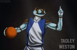  2016 5_fingers action_pose amazon_milk_frog amphibian anthro athletic athletic_anthro athletic_male ball basketball_(ball) basketball_uniform biped black_background blue_body blue_skin blue_tongue brown_body brown_markings brown_skin brown_spots character_name clothed clothing collarbone countershade_hands countershade_torso countershading digital_drawing_(artwork) digital_media_(artwork) english_text eye_markings facial_markings fba fingers frog front_view frown gesture half-length_portrait hand_gesture head_markings holding_ball holding_object light lighting male markings multicolored_body multicolored_skin open_frown open_mouth orange_eyes pointing portrait pose shadow simple_background solo sportswear spots spotted_body spotted_skin standing tadley_weston tan_body tan_skin text tongue tree_frog uniform white_body white_countershading white_skin white_spots wyldelyn 