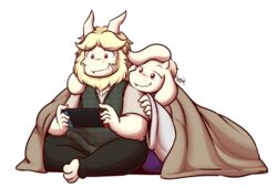  3_toes 4_fingers alpha_channel anthro asgore_dreemurr azenzeph beard bedding blanket blonde_hair boss_monster_(undertale) bottomwear bovid caprine chest_tuft clothed clothing controller digital_media_(artwork) duo facial_hair feet female fingers fur game_controller hair holding_controller holding_object horn long_ears male mammal mature_anthro mature_female mature_male nintendo nintendo_switch pants paws red_eyes robe shirt signature simple_background sitting smile teeth toes topwear toriel transparent_background tuft undertale undertale_(series) vest white_body white_fur 