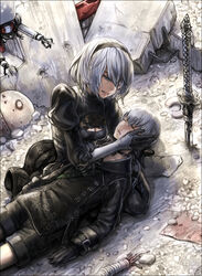  1boy 2b_(nier:automata) 9s_(nier:automata) black_footwear black_thighhighs blue_eyes boots breasts building burunuu_(bullnukko) buttons choker cleavage cleavage_cutout clothing_cutout commentary_request dress eyelashes feather-trimmed_sleeves female gloves holding juliet_sleeves junk katana long_sleeves lying machine_(nier) mole mole_under_mouth nier:automata nier_(series) no_blindfold on_back open_mouth pod_(nier:automata) puffy_sleeves rubble sad short_hair shorts small_breasts spoilers sword thigh_boots thighhighs variant_set weapon 