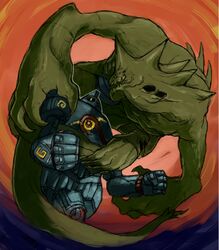  battle claws clenched_hands commentary_request golurk gradient_background no_humans open_mouth pacific_rim parody pokemon pokemon_(creature) semania9ja sharp_teeth teeth tyranitar yellow_eyes 