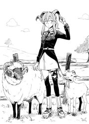  asymmetrical_horns belt biting biting_clothes boots cloud collared_shirt commentary female fence glass gloves goat gotland_(kancolle) gotland_andra_(kancolle) greyscale hair_between_eyes hair_bun half_gloves highres horns kantai_collection long_hair military military_uniform mole mole_under_eye monochrome necktie sheep shirt single_hair_bun skirt solo tarutaru_gungun thighhighs tree uniform 