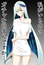  bad_id bad_pixiv_id blue_hair breasts brynhildr_(fate) collarbone commentary_request eyes_visible_through_hair fate/prototype fate/prototype:_fragments_of_blue_and_silver fate_(series) female hair_over_eyes holding holding_knife kitchen_knife knife large_breasts long_hair long_shirt looking_at_viewer multicolored_hair naked_shirt off_shoulder purple_eyes shima-shuu shirt single_bare_shoulder smile solo translation_request two-tone_hair white_hair white_shirt wing_hair_ornament yandere 