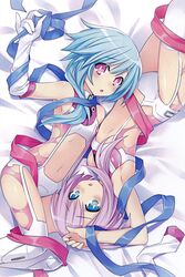  2girls absurdres arms_up blue_eyes blue_hair highres imageboard_desourced looking_at_viewer lying multiple_girls navel neptune_(series) non-web_source official_art open_mouth purple_eyes purple_hair tsunako white_sister_ram white_sister_rom 