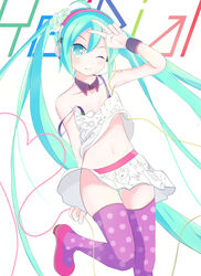  ahoge aqua_eyes aqua_hair collar commentary_request copyright_name female gumo hatsune_miku headphones highres long_hair midriff navel one_eye_closed photoshop_(medium) polka_dot polka_dot_legwear redial_(vocaloid) skirt solo strap_slip thighhighs twintails v very_long_hair vocaloid white_background 